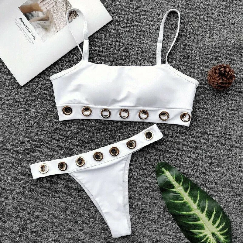 White Sexy Swimwear Triangle Bikini Set Adjustable Swim Top