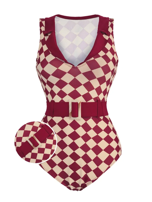 1930s Burgundy Diamond Lapel One-Piece Swimsuit Playful Pattern Swimsuit