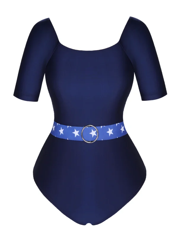 Dark Blue 1940s Stars One-Piece Swimsuit Strap Bikini Set