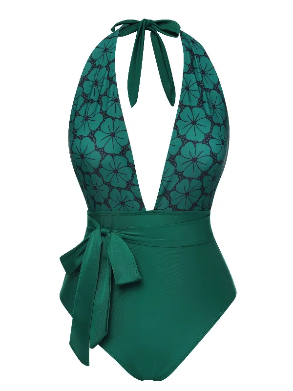 Green 1940s Floral Deep V-Neck Halter Swimsuit Bold High-Cut Bikini