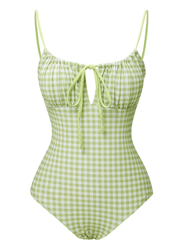 Green 1940s Plaid Chest Elastic Drawstring Swimsuit Chic Bikini Set