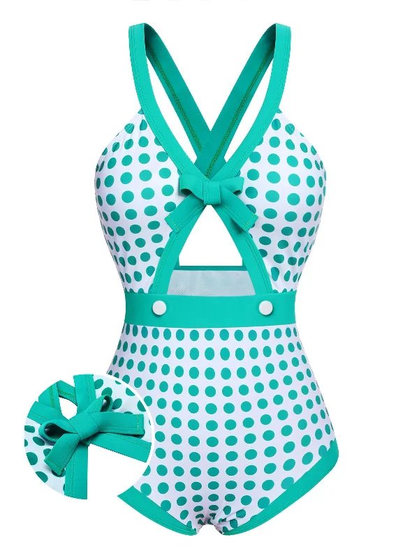 Green 1940s Polka Dot Bowknot One-Piece Swimsuit Trendy Swimwear Set