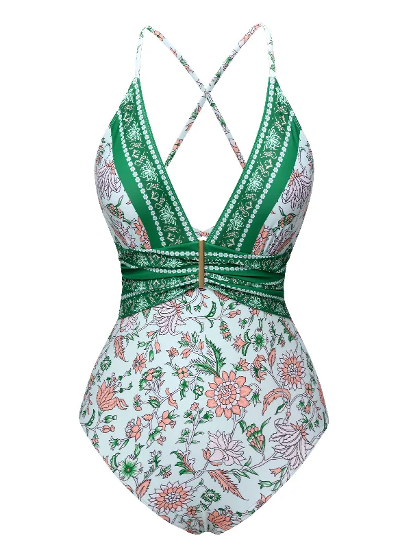 Green 1950s Floral Spaghetti Strap Swimsuit Chic Beach Cover-Up