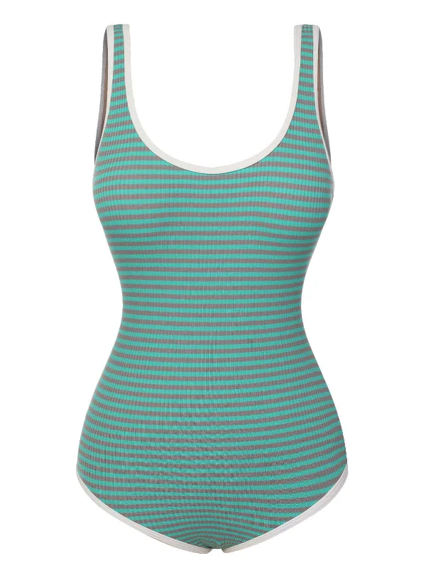 Green 1950s Stripes Backless One-Piece Swimsuit Sleek Racerback Swimsuit