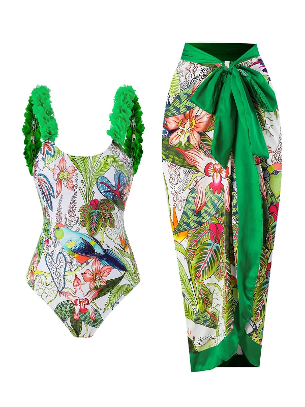 Green 1960s Floral Bird Swimsuit & Cover-Up Bold Color Swimsuit