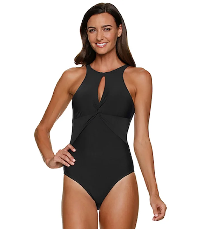 Helen Jon Women's Resort Essentials High Neck One Piece Swimsuit Black Sporty Swimwear Bottoms