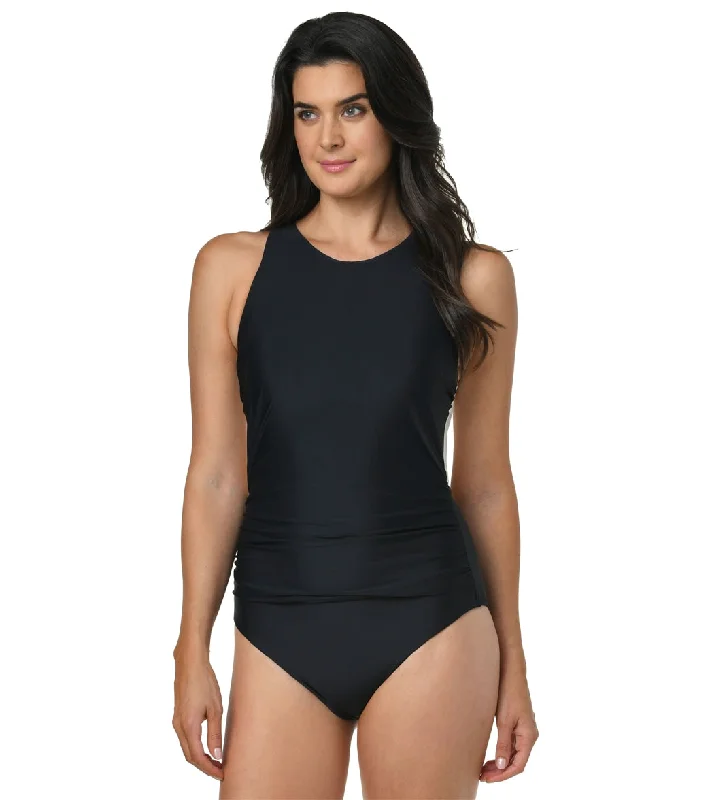 Jantzen Women's Midnight Glam Farrah High Neck One Piece Swimsuit Black Swim Dress with Belt