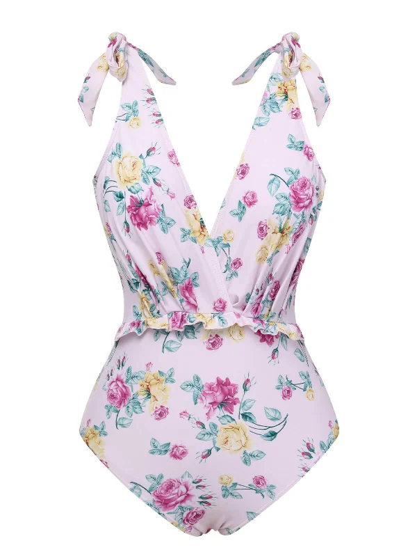 Lavender 1940s Floral Shoulder Tie Swimsuit Two-Piece Beachwear