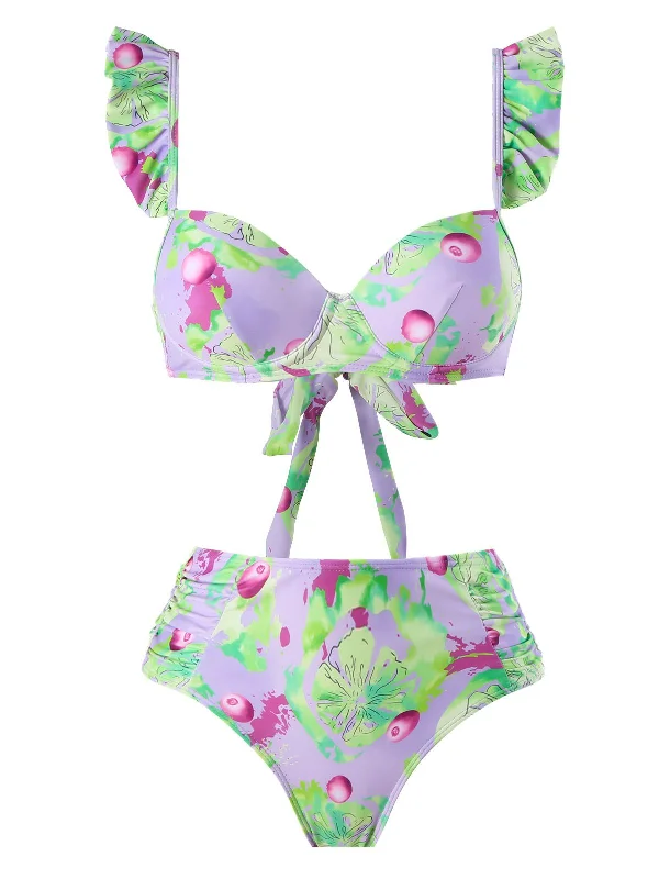 Light Green 1940s Grape Ruffle Swimsuit High-Waist Bikini Set