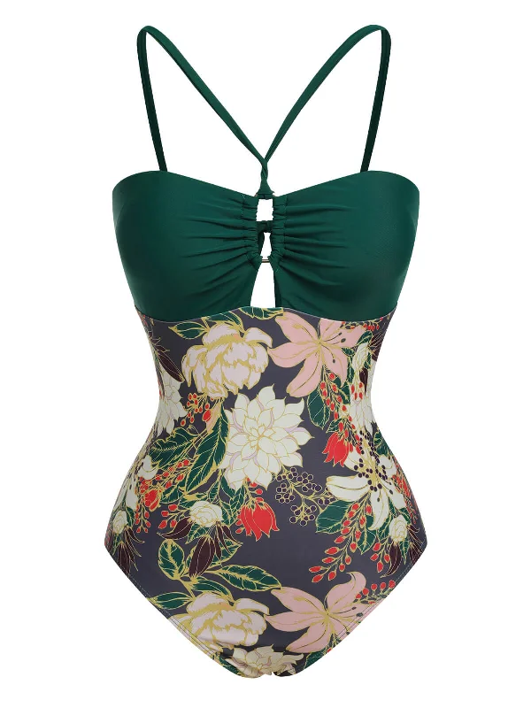 Multicolor 1960s Floral Halter One-Piece Swimsuit Sporty Swim Shorts