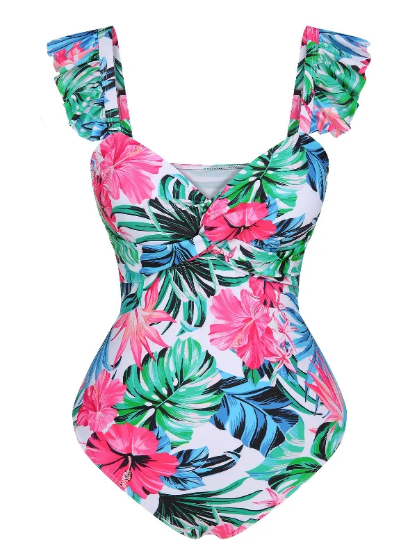 Multicolor 1960s Tropical Plants Ruffles Swimsuit Bold High-Cut Bikini