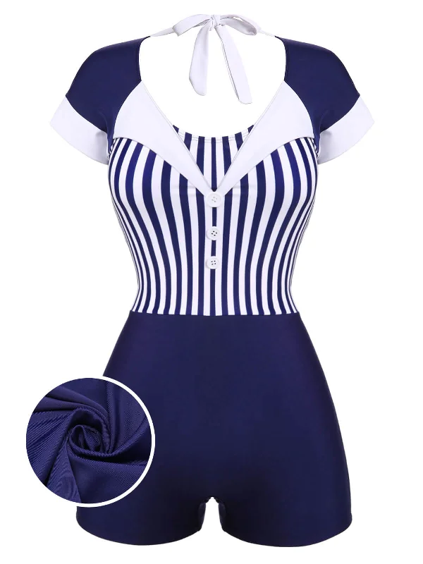 Navy Blue 1930s Stripe Patchwork Swimsuit Adjustable Swim Top