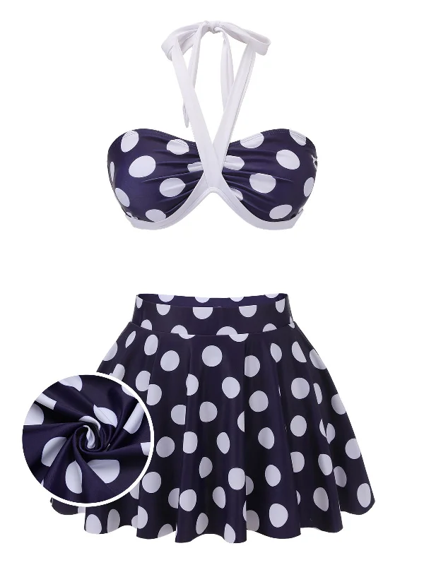 Navy Blue 1940s Polka Dot Halter Swimsuit Beachy Ruffle Bikini