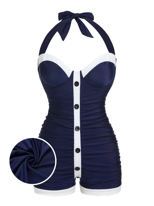 [Plus Size] Navy Blue 1950s Pleated Halter Swimsuit Halter Top Bikini