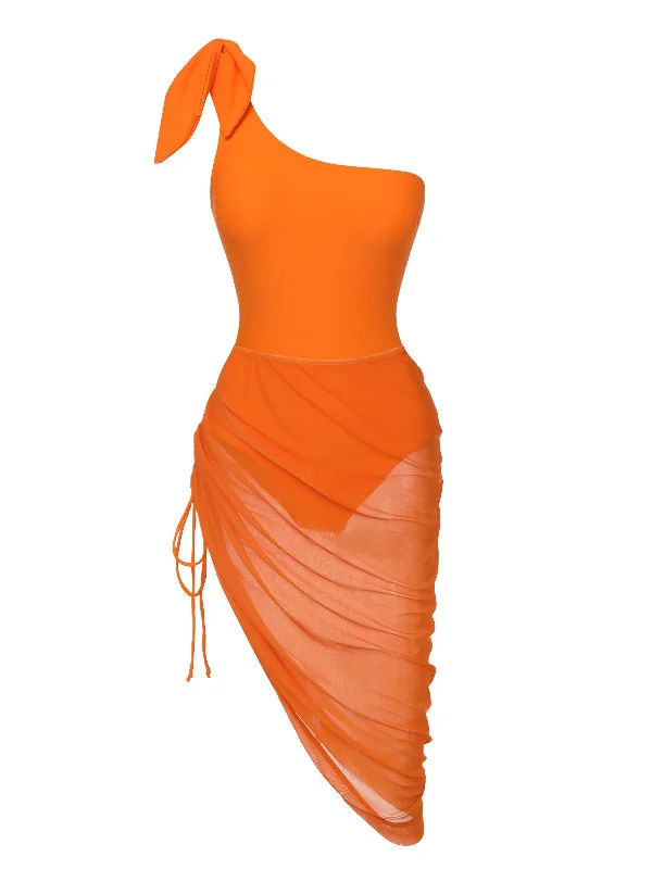 Orange 1940s Solid Swimsuit & High Low Cover-Up Stylish Beachwear Set