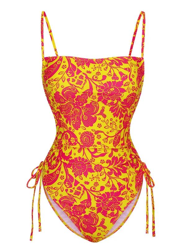 Orange 1950s Russian Floral Drawstring Strap Swimsuit Plunge Neckline Swimsuit