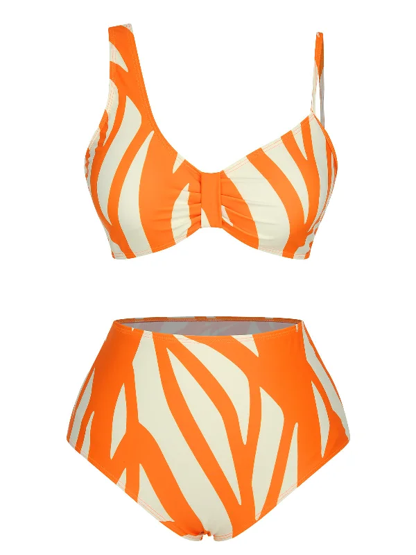 Orange 1960s Strap Stripe Swimsuit Sporty Swimsuit Style