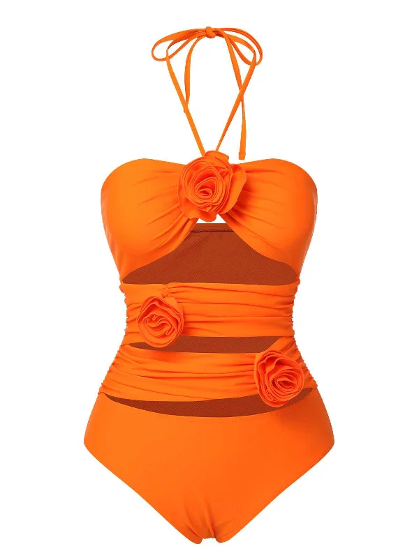 Orange Red 1950s Halter 3D Flower One-Piece Swimsuit Comfortable Tankini Set