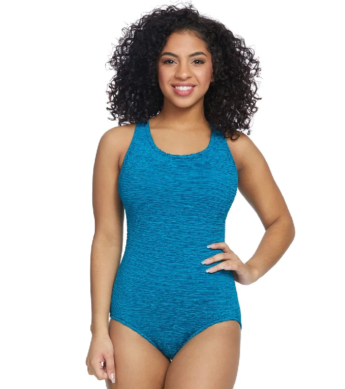 Penbrooke Krinkle Chlorine Resistant Cross Back One Piece Swimsuit (D-Cup) Ruched Swimwear Set