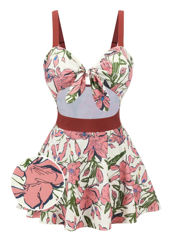 Pink 1940s Floral Strap One-Piece Swimsuit Shiny One-Piece Swimsuit