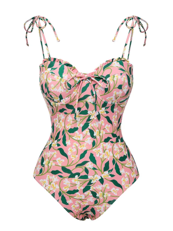 Pink 1950s Spaghetti Strap Plants Print Swimsuit Ruffled Swimsuit Top