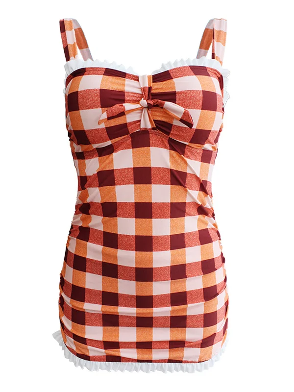 1950s Plaid Bow Strap Ruffled Tankini Soft Beachwear Set