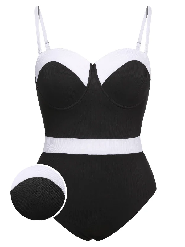 [Plus Size] Black & White 1950s Patchwork Strap Swimsuit Mesh Panel Swimwear