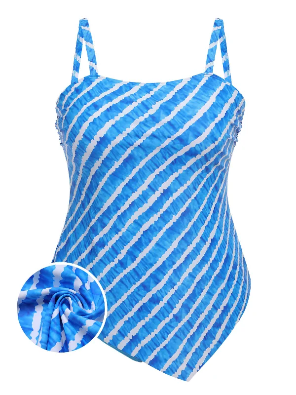 [Plus Size] Blue 1950s Diagonal Stripe One-Piece Swimsuit Casual Swim Dress