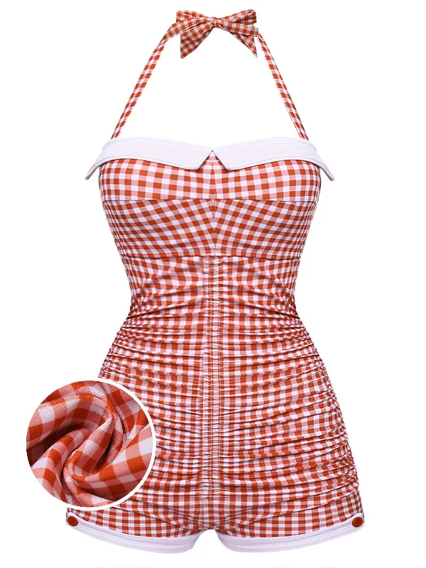 [Plus Size] Gingham 1950s Halter Bowknot One-piece Swimsuit Push-Up Swimsuit Top