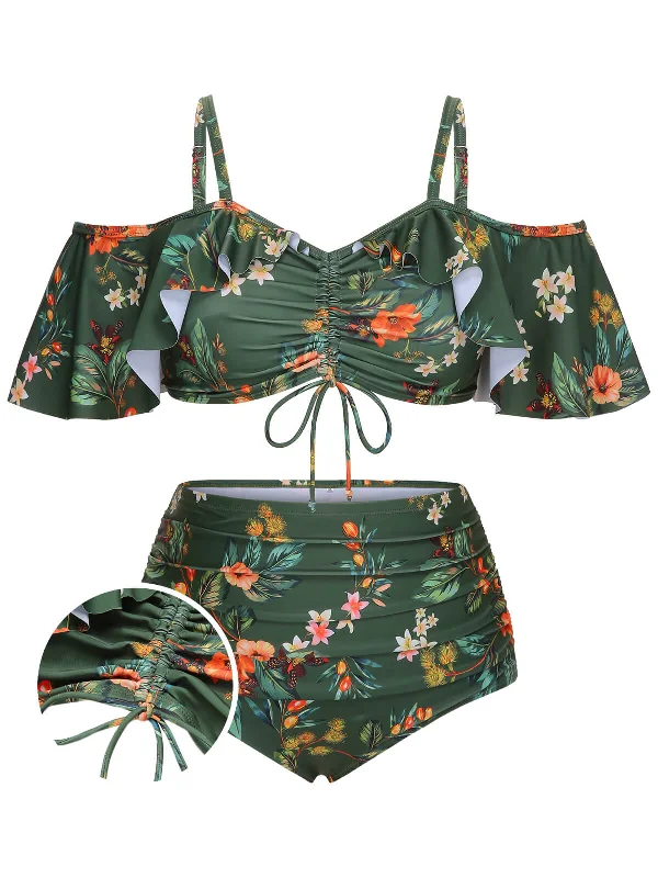 [Plus Size] Green 1950s Floral Drawstring Swimsuit Set Adjustable Swim Top