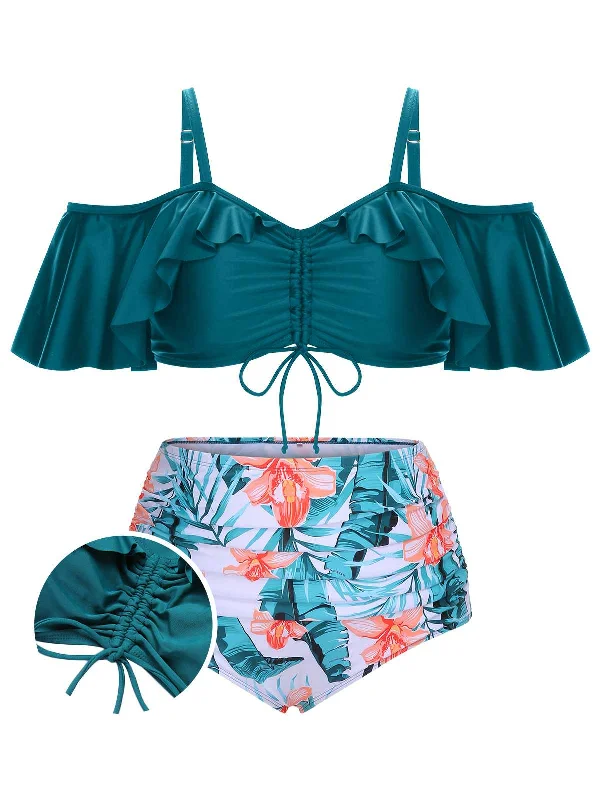 [Plus Size] Green 1950s Strap Floral Ruffles Swimsuit Sporty Swimwear Bottoms