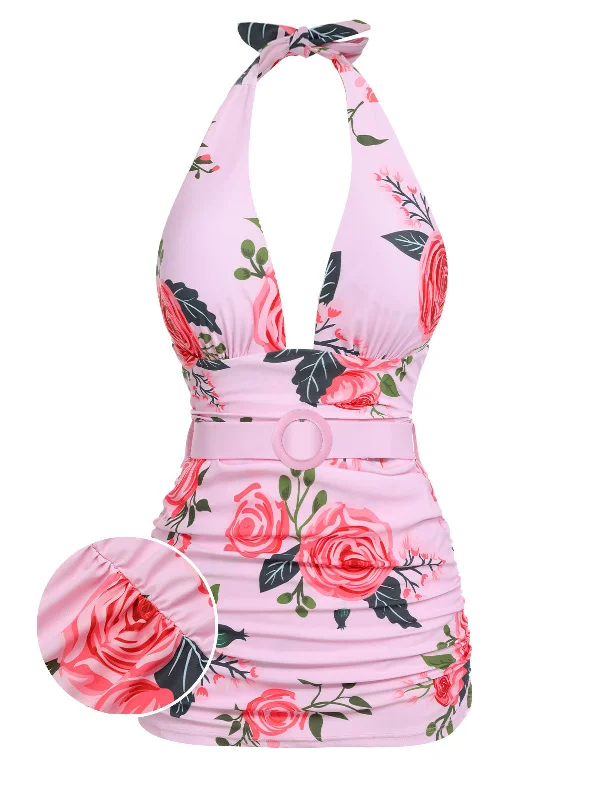 [Plus Size] Pink 1930s Roses Halter Belt Swimsuit Beachy Ruffle Bikini