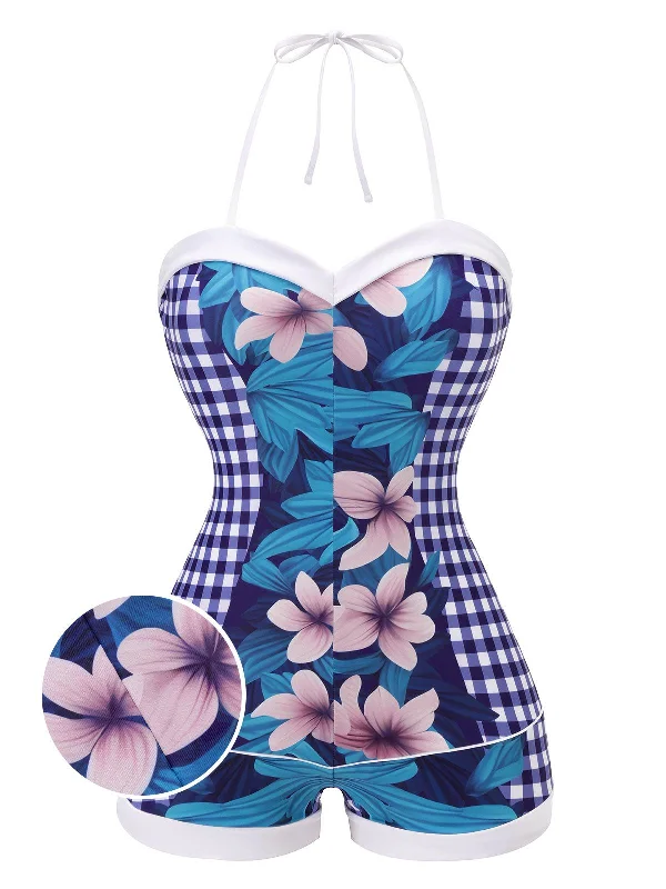 Blue 1950s Plaid&Floral Swimsuit Sleek Racerback Swimsuit