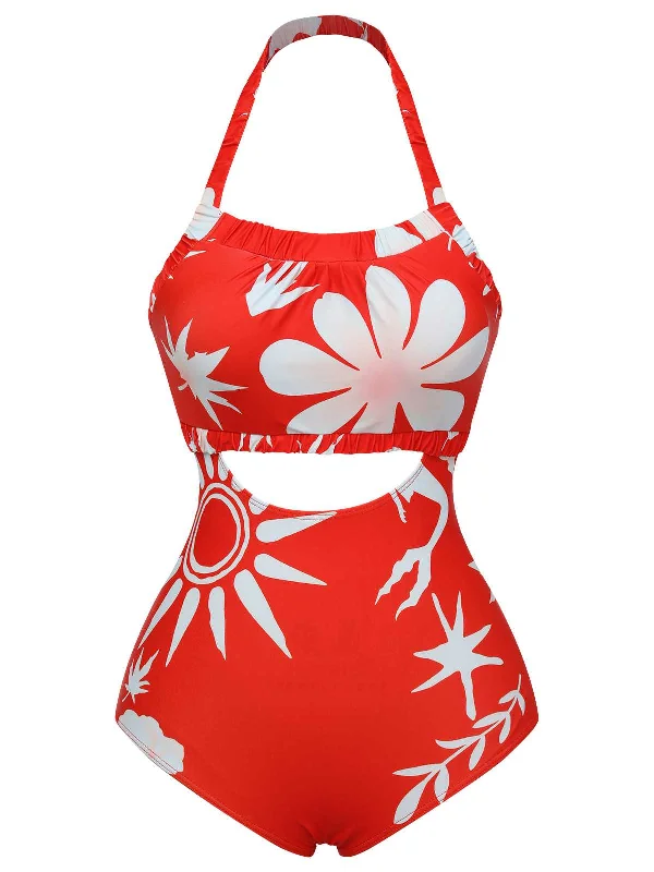 Red 1930s Halter Floral One-Piece Swimsuit Retro Swimwear Style