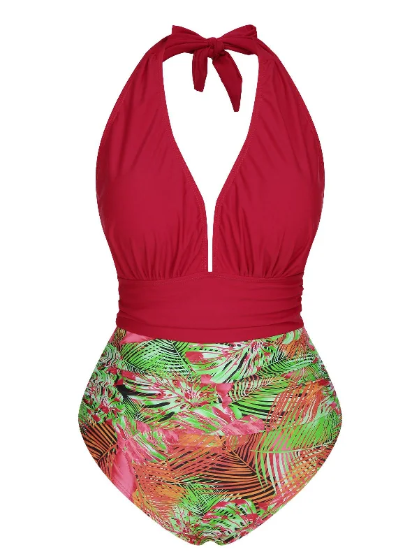 Red 1930s Tropical Plants One-Piece Swimsuit Casual Swim Dress