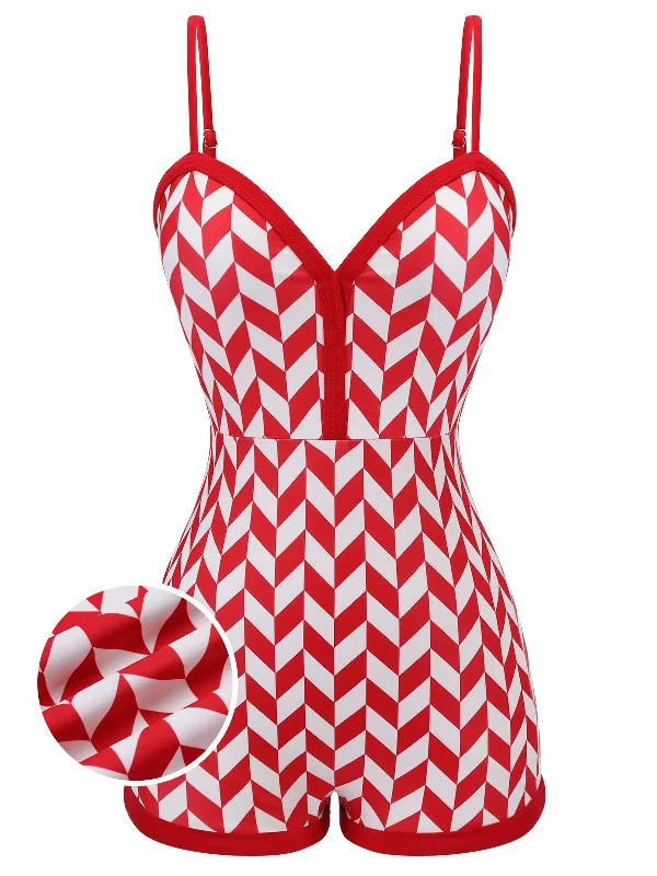 Red 1950s Diamond Plaid Heart Collar Swimsuit Sexy Two-Piece Set