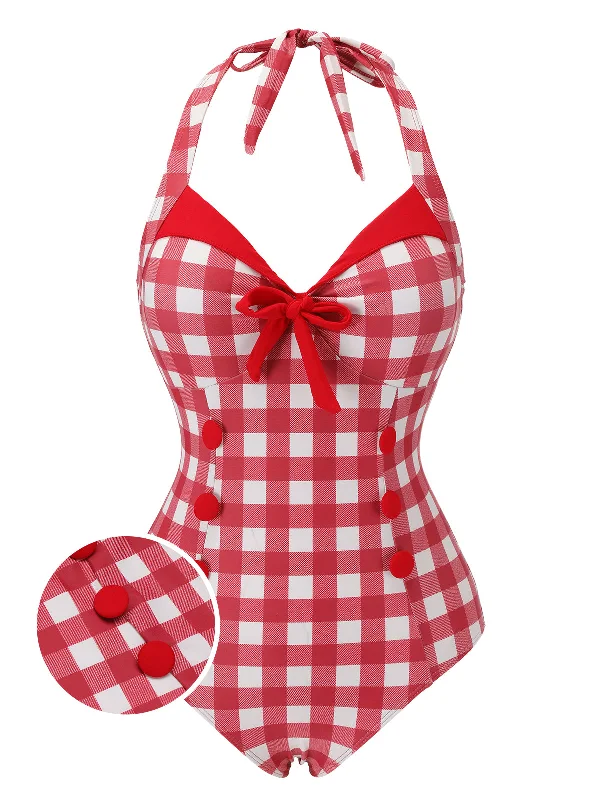 Red 1950s Plaids Added Bowknot Swimsuit Chic Beach Cover-Up