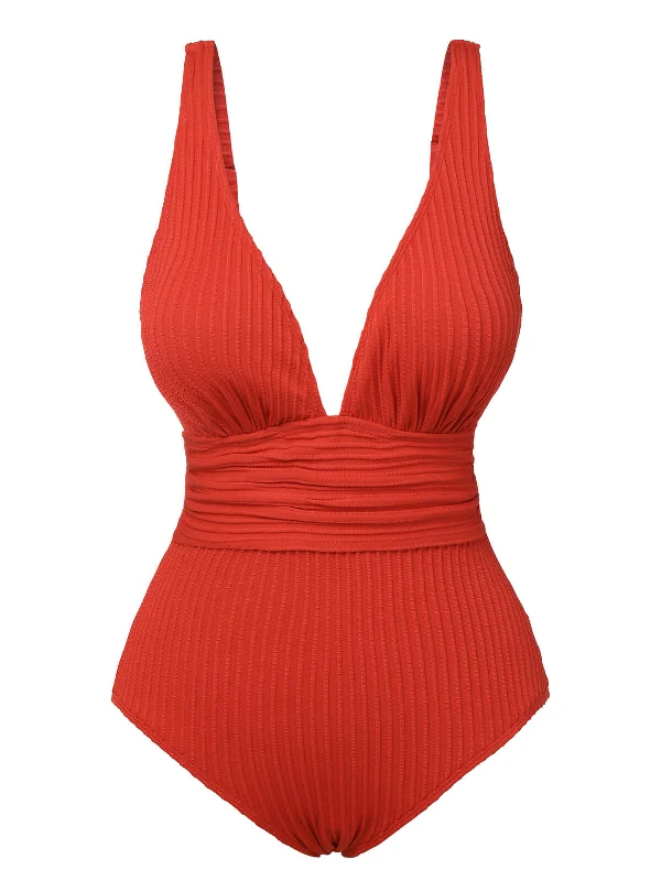 Red 1950s Solid Deep V One-Piece Swimsuit Stylish Swimsuit Set