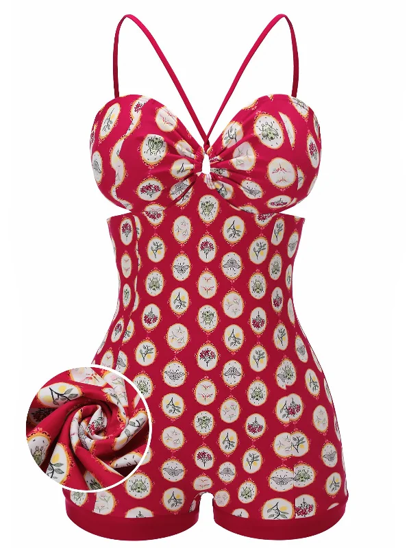 Red 1950s Strap Floral One-piece Swimsuit Swim Skirt Set