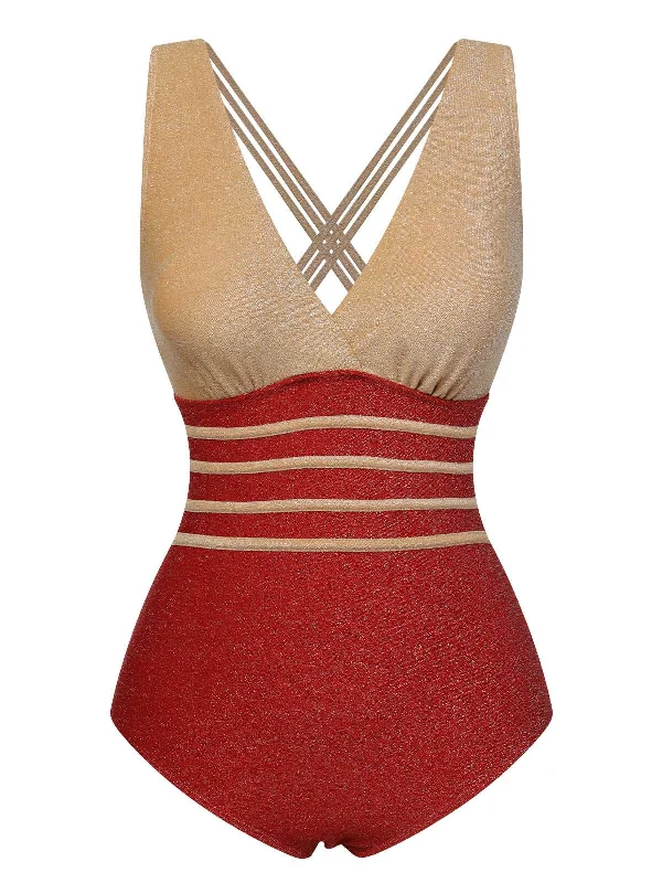 Red 1950s Stripe Patchwork One-Piece Swimsuit Sexy Monokini Swimsuit