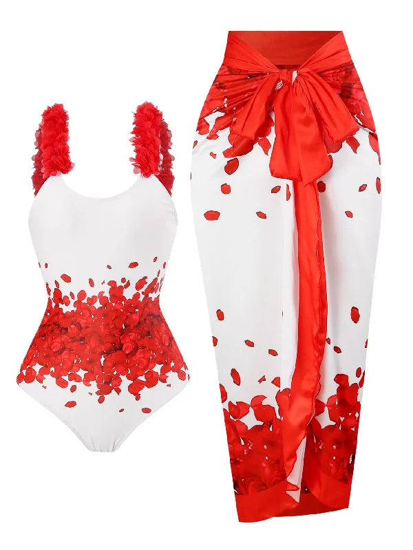 Red 1960s Floral Suspender Swimsuit Set Minimalist One-Piece