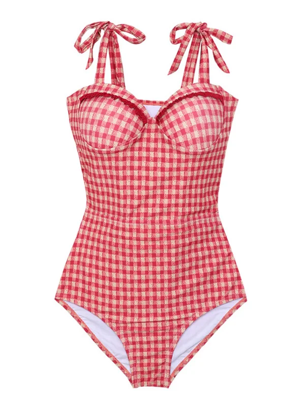 Red 1950s Checked Back Cut-Out Swimsuit Floral Bikini Top