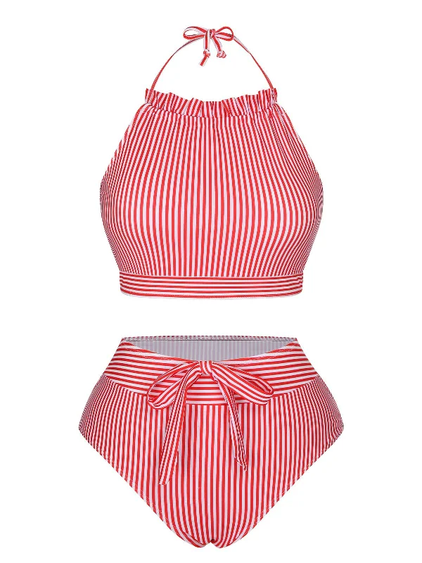 Red & White 1930s Striped Knot Halter Swimsuit Tropical Print Bikini