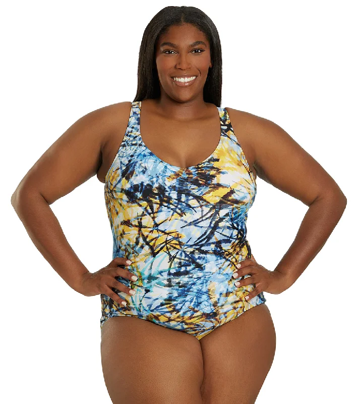 Sporti Plus Size Breezy Palms Conservative Printed Girl Leg One Piece Swimsuit Classic Monokini Design