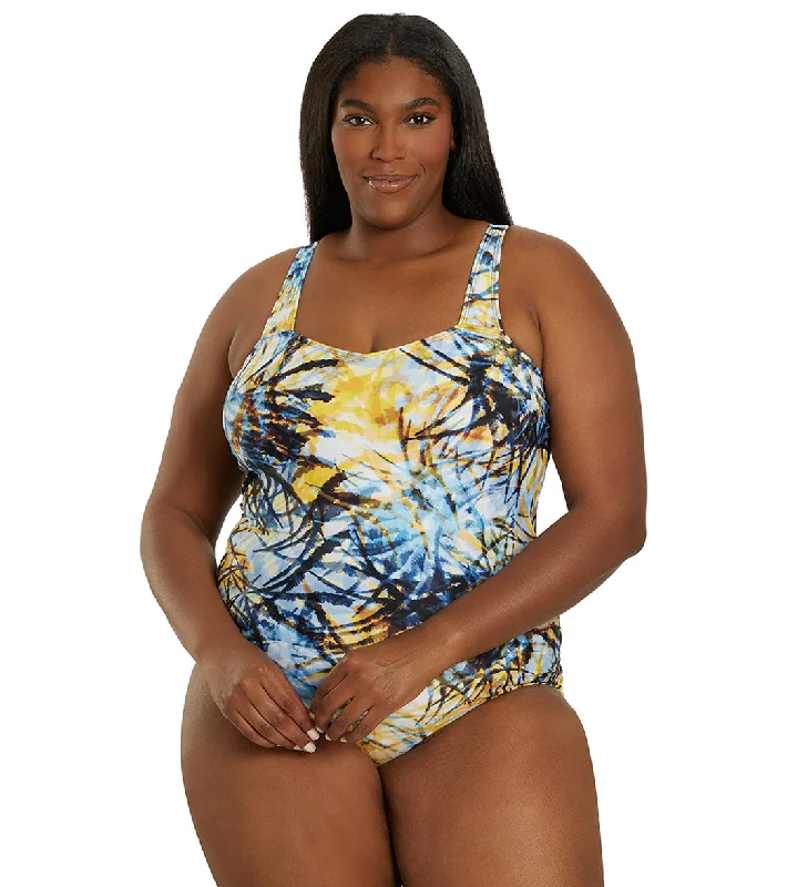 Sporti Plus Size Breezy Palms Moderate Printed Sweetheart One Piece Swimsuit Empire Blue Multi Monokini Swimsuit Design