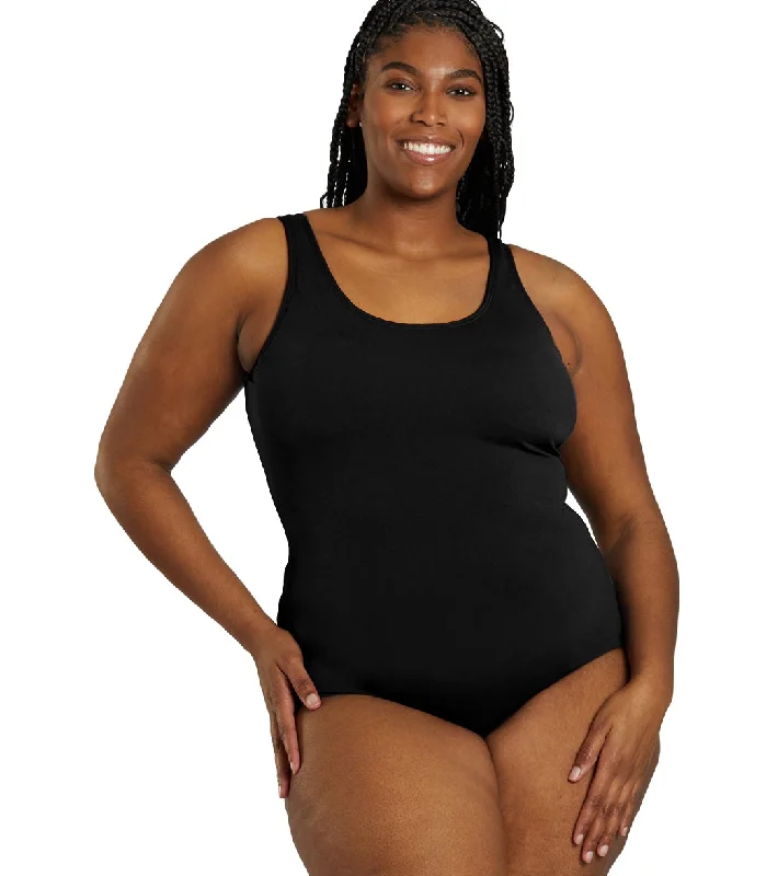 Sporti Plus Size HydroLast Chlorine Resistant Conservative Scoop Back One Piece Swimsuit Black Summer Ready Swimsuit