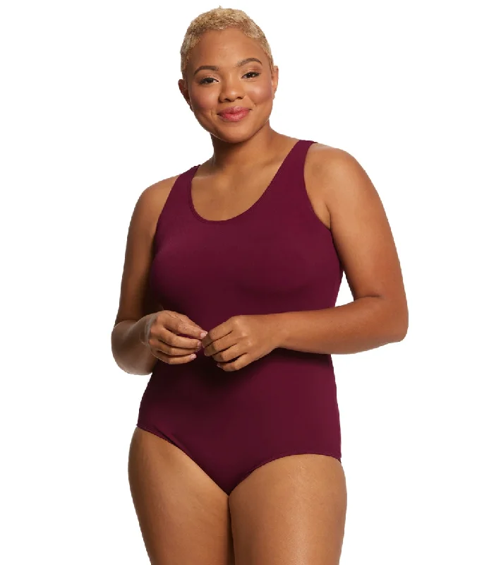 Sporti Plus Size HydroLast Chlorine Resistant Conservative Scoop Back One Piece Swimsuit Cabernet Bold Color Swimsuit