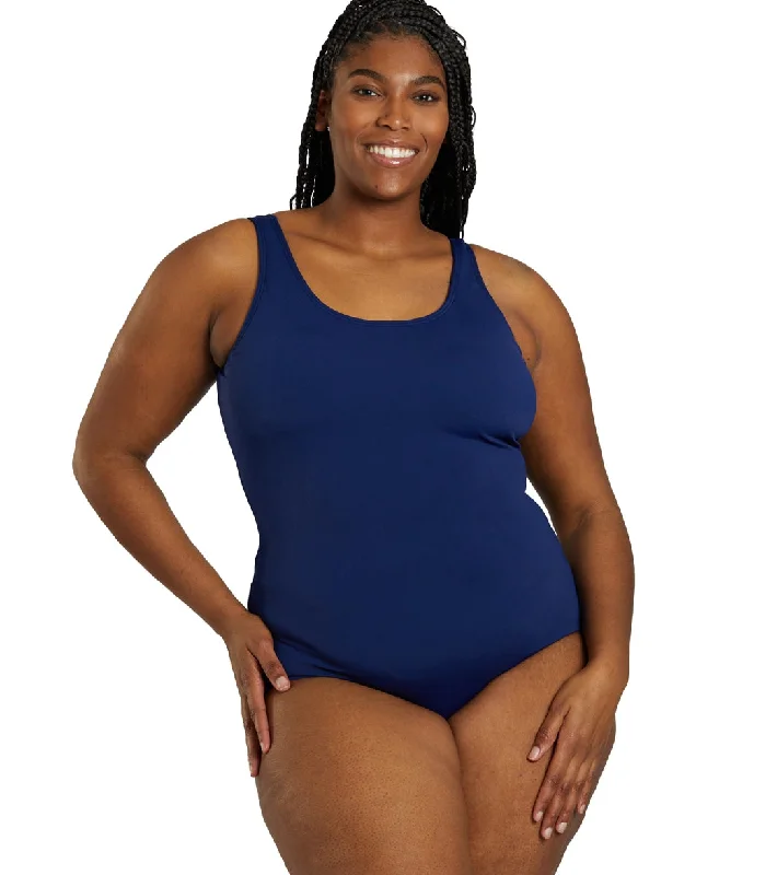 Sporti Plus Size HydroLast Chlorine Resistant Conservative Scoop Back One Piece Swimsuit Navy Reversible Bikini Set