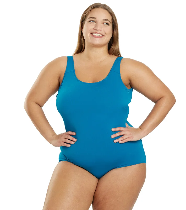 Sporti Plus Size HydroLast Chlorine Resistant Conservative Scoop Back One Piece Swimsuit Twilight Blue Halter Neck Swimsuit