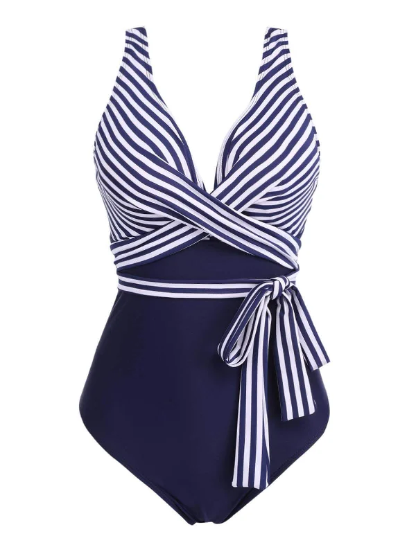 [Plus Size] 1950s Stripe Lace Up Patchwork One-Piece Swimsuit Elegant Swim Dress